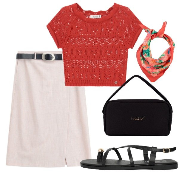 Outfit donna - Serata tra amici. Stile Casual chic per Serata fuori. Abbinamento con foulard, gonne longuette, sandali, top, borse a mano.
