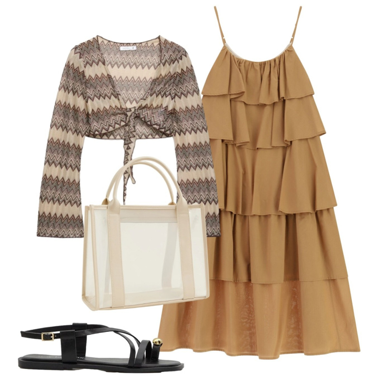 Outfit donna - Scaldacuore. Stile Bon Ton per Tutti i giorni. Abbinamento con sandali, borse tote, blazer, vestiti lunghi.