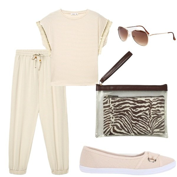 Outfit donna - Passeggiando per la città. Stile Casual per Tutti i giorni. Abbinamento con ballerine, occhiali da sole, t-shirt, pantaloni, pochette.
