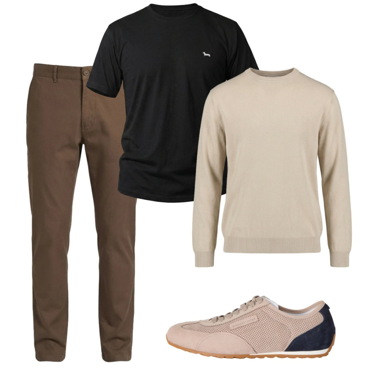 Outfit uomo - Serata in montagna. Stile Casual per Tutti i giorni. Abbinamento con sneakers, t-shirt, pantaloni, maglieria.