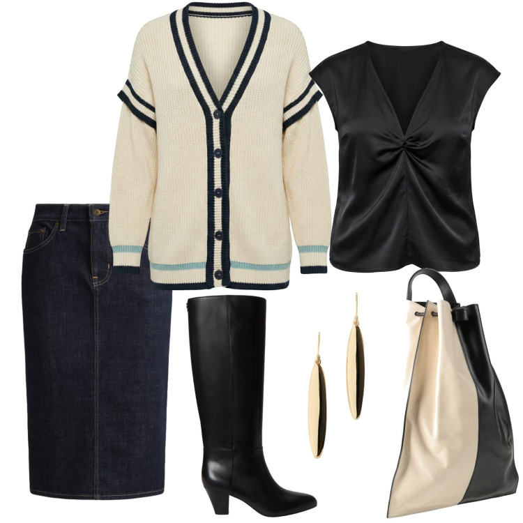 Outfit donna - Settembre in bianco e nero. Stile Casual chic per Ufficio. Abbinamento con zaini, cardigans, canottiere, gonne, stivali, orecchini.