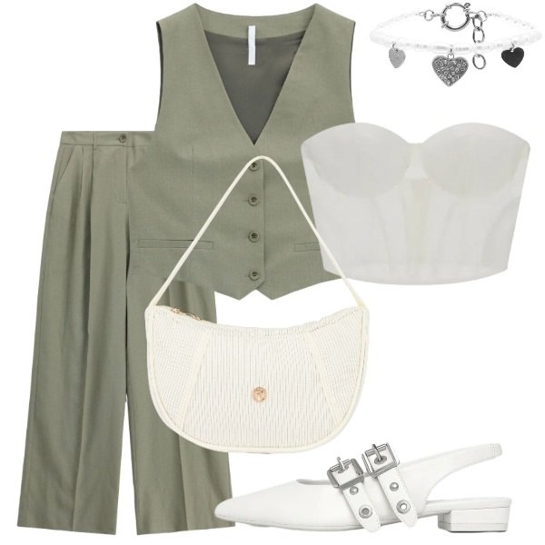 Outfit donna - Compleanno in villa. Stile Casual chic per Serata fuori. Abbinamento con ballerine, braccialetti, borse a mano, pantaloni a palazzo, top, gilet.