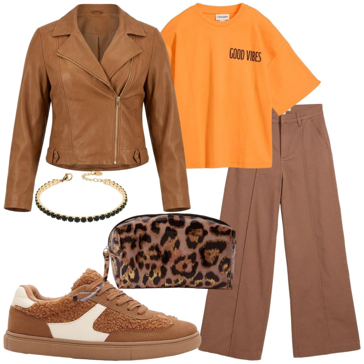Outfit donna - Casual in pelle. Stile Casual per Tutti i giorni. Abbinamento con pantaloni, sneakers, t-shirt, pochette, giacche, braccialetti.