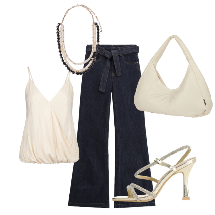 Outfit donna - Total look #2459718. Stile Casual chic per Serata fuori. Abbinamento con sandali col tacco, jeans a zampa, borse a spalla, collane, top.
