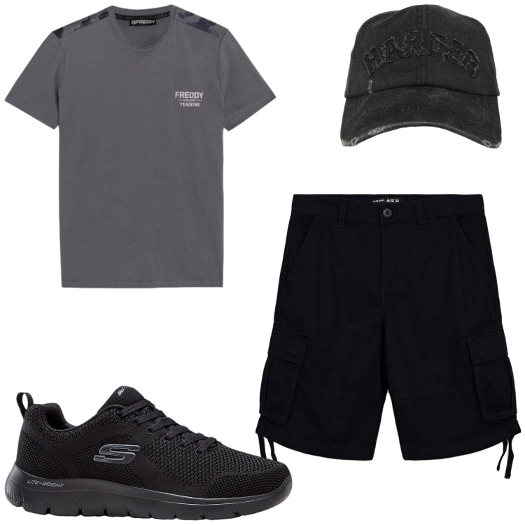 Outfit uomo - Total look #2459731. Stile Urban per Sport. Abbinamento con sneakers, bermuda, cappelli con visiera, t-shirt.