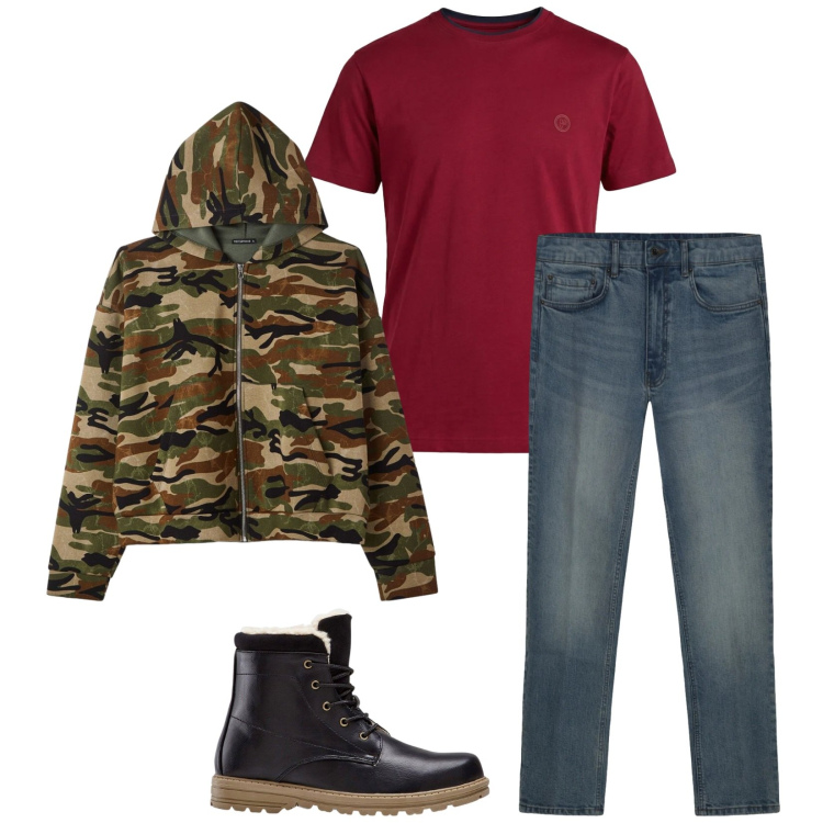 Outfit uomo - Total look #2459741. Stile Urban per Tutti i giorni. Abbinamento con stivali e stivaletti, t-shirt, felpe con cappuccio, jeans.