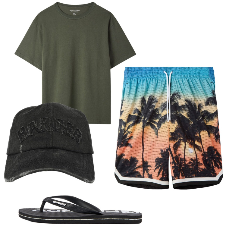 Outfit uomo - Total look #2459744. Stile Trendy per Mare. Abbinamento con bermuda, t-shirt, cappelli con visiera, sandali.