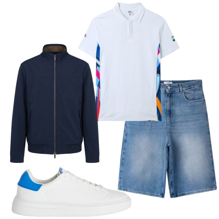Outfit uomo - Total look #2459749. Stile Casual per Tutti i giorni. Abbinamento con bomber, sneakers, polo, pantaloni corti.