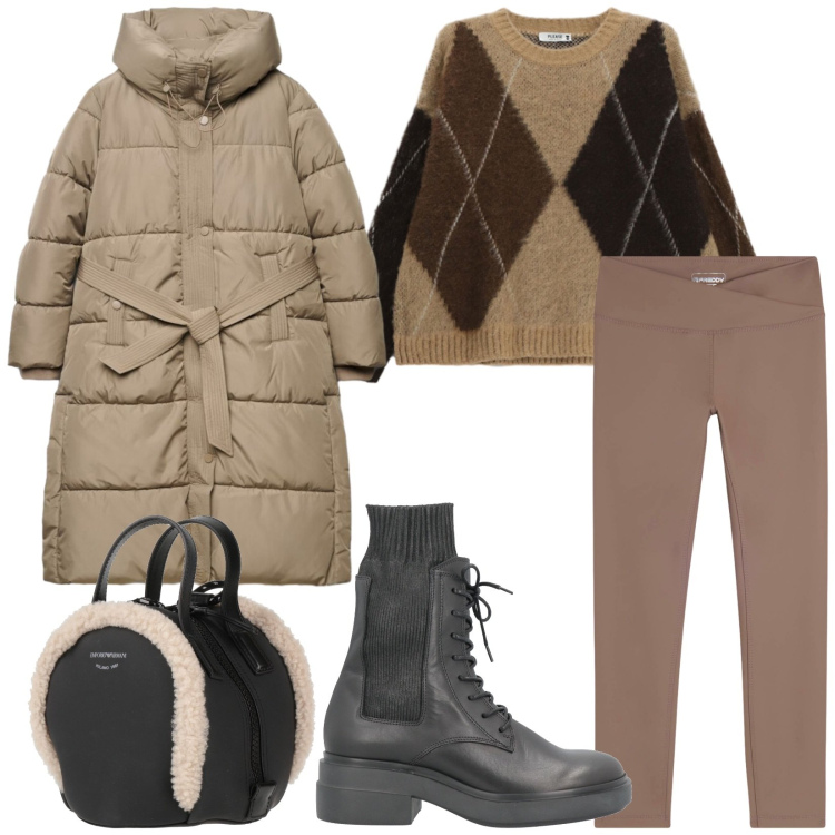 Outfit donna - Total look #2459757. Stile Casual per Tutti i giorni. Abbinamento con stivaletti, zaini, piumini, maglieria, leggings.