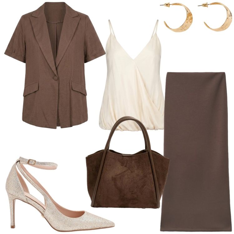 Outfit donna - Total look #2459759. Stile Chic per Ufficio. Abbinamento con orecchini, gonne lunghe, décolleté, borse a spalla, top, blazer.