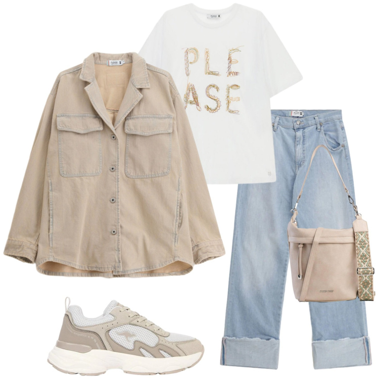 Outfit donna - In città. Stile Casual per Tutti i giorni. Abbinamento con sneakers, borse a tracolla, jeans dritti, cappotti, t-shirt.