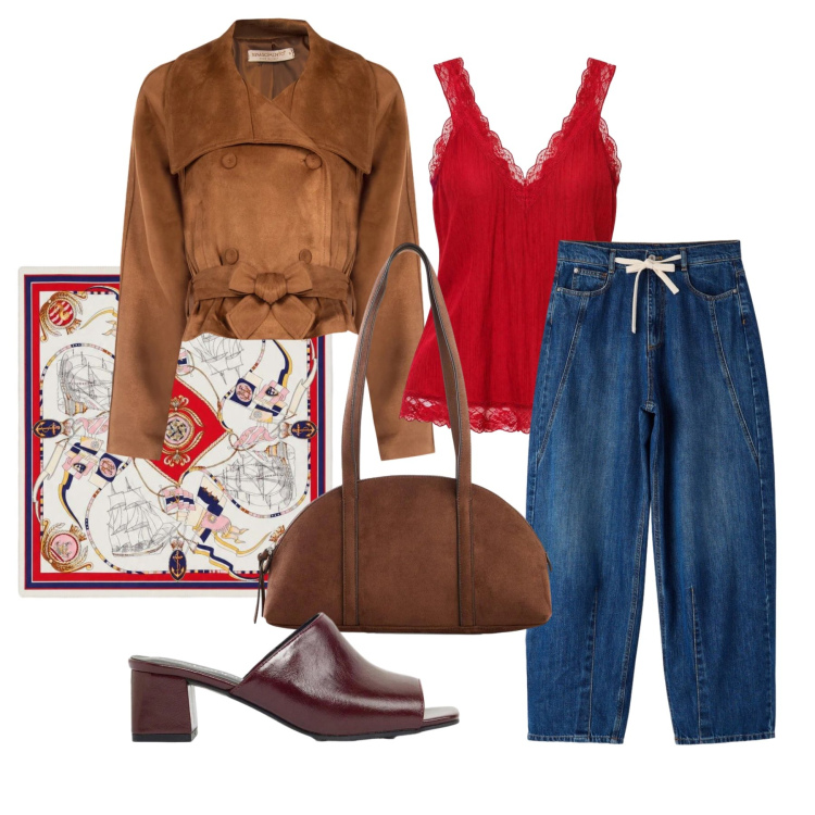 Outfit donna - Agosto. Stile Casual chic per Tutti i giorni. Abbinamento con borse a tracolla, ciabatte, jeans, canottiere, foulard, giacche.