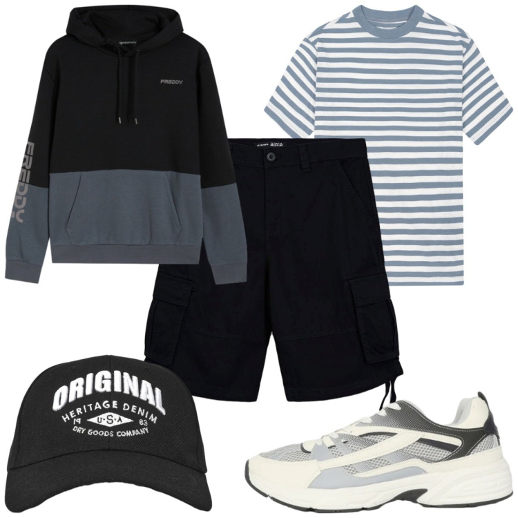 Outfit uomo - Total look #2459871. Stile Trendy per Sport. Abbinamento con bermuda, sneakers, cappelli con visiera, t-shirt, felpe con cappuccio.