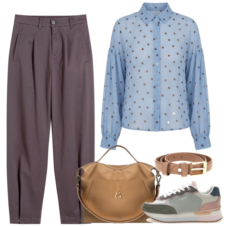 Outfit donna - I pois. Stile Casual chic per Scuola/Università. Abbinamento con pantaloni, borse a mano, camicie, sneakers, cinture.