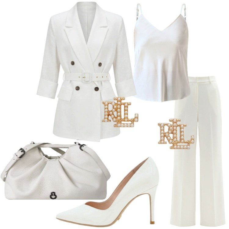 Outfit donna - Oroscopo La Vergine - L\'ordine perfetto. Stile Chic per Serata fuori. Abbinamento con pantaloni a palazzo, top, blazer, décolleté, clutch, orecchini.