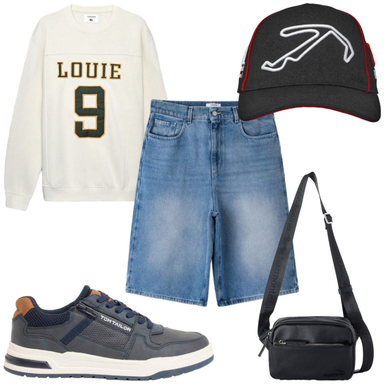 Outfit uomo - Total look #2459880. Stile Urban per Tutti i giorni. Abbinamento con sneakers, borse sportive, cappelli con visiera, felpe, pantaloni corti.