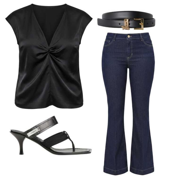Outfit donna - Total look #2459884. Stile Glamour per Serata fuori. Abbinamento con ciabatte, cinture, jeans a zampa, canottiere.