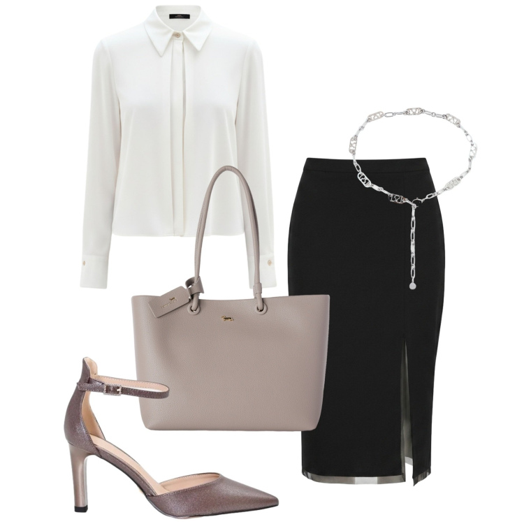 Outfit donna - Total look #2459886. Stile Chic per Serata fuori. Abbinamento con shopping bag, gonne longuette, décolleté, cinture, camicie.
