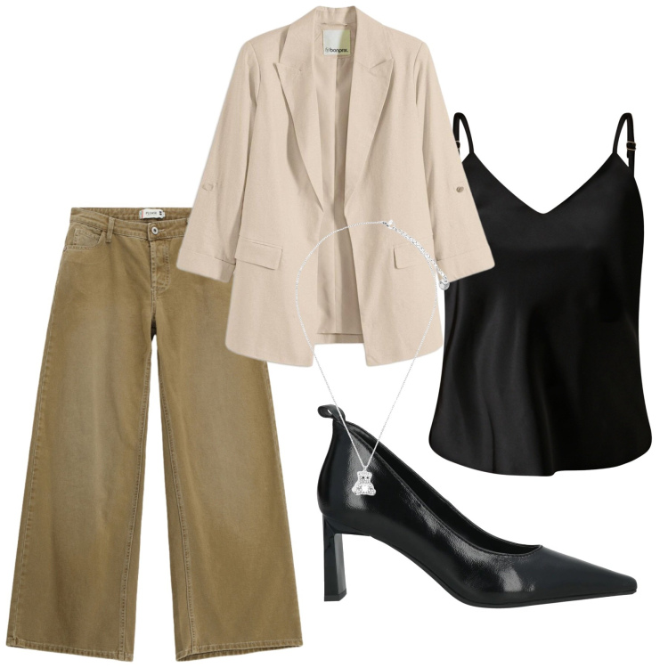 Outfit donna - Total look #2459887. Stile Basic per Ufficio. Abbinamento con décolleté, blazer, ciondoli, pantaloni a palazzo, top.