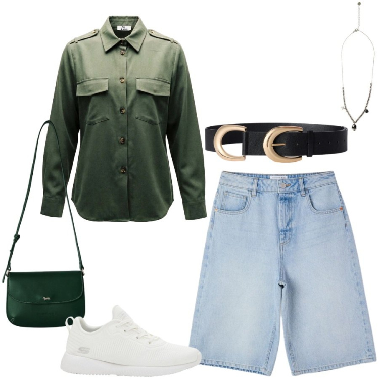 Outfit donna - Total look #2459891. Stile Casual chic per Tutti i giorni. Abbinamento con sneakers, borse a tracolla, cinture, bermuda, camicie, ciondoli.