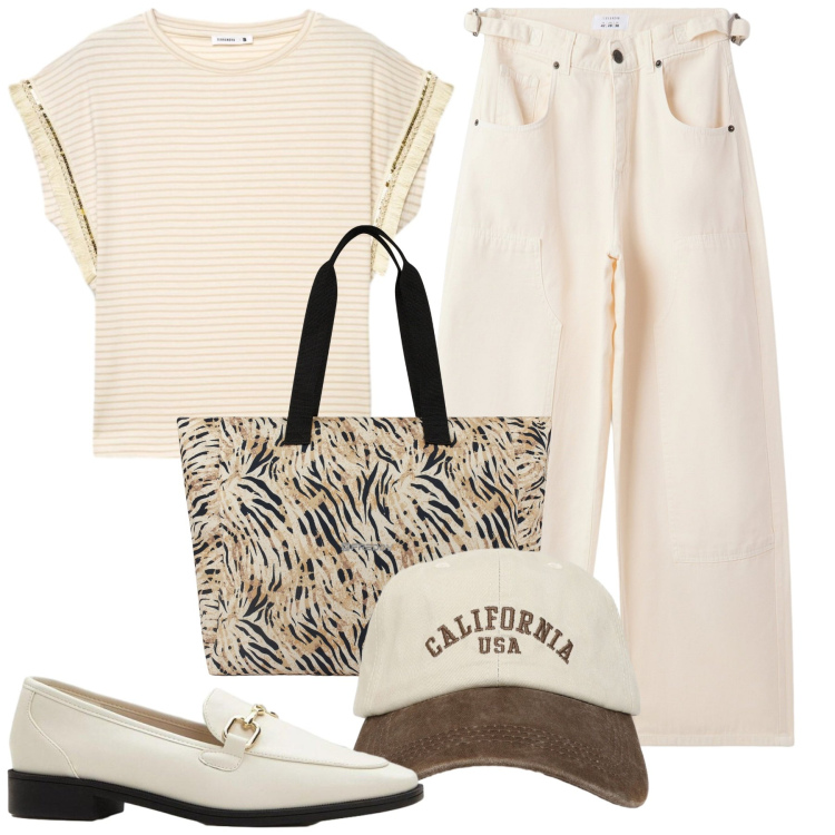 Outfit donna - Rientro in città. Stile Casual per Tutti i giorni. Abbinamento con mocassini, pantaloni, cappelli con visiera, t-shirt, shopping bag.