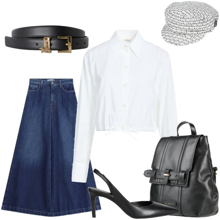 Outfit donna - Total look #2459896. Stile Casual chic per Tutti i giorni. Abbinamento con décolleté, cappelli con visiera, camicie, zaini, cinture, jeans.