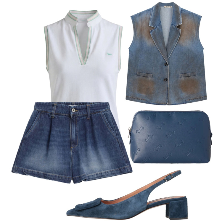 Outfit donna - Denim. Stile Casual chic per Tutti i giorni. Abbinamento con décolleté, pochette, polo, gilet, shorts.