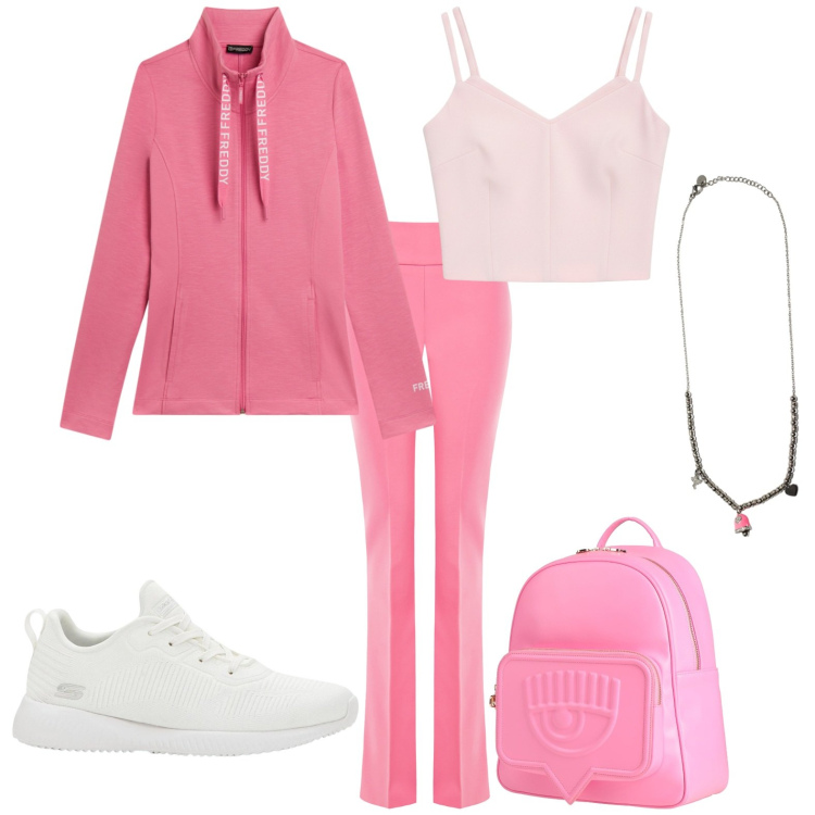 Outfit donna - Sporty. Stile Casual per Tutti i giorni. Abbinamento con zaini, sneakers, ciondoli, felpe, pantaloni, top.