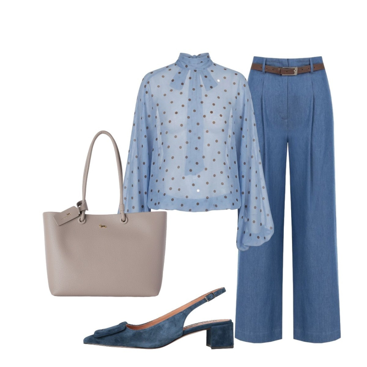 Outfit donna - La camicetta a pois perl rientro. Stile Chic per Ufficio. Abbinamento con décolleté, shopping bag, pantaloni a palazzo, bluse.
