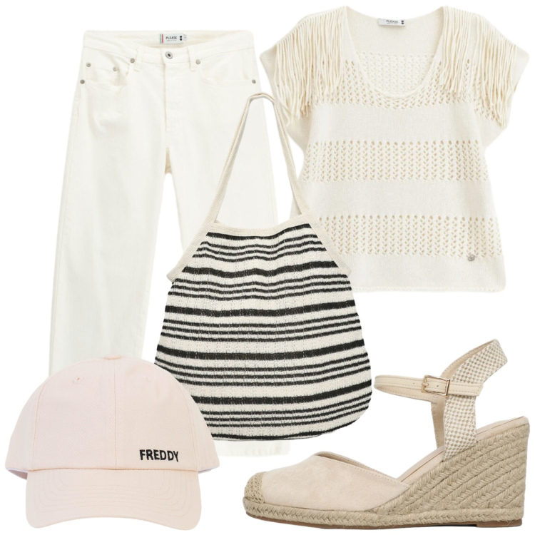 Outfit donna - Tempo libero. Stile Casual chic per Tutti i giorni. Abbinamento con shopping bag, zeppe, top, pantaloni, cappelli con visiera.