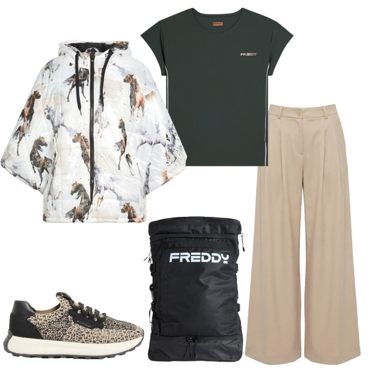 Outfit donna - Passeggiata con stile. Stile Casual per Tutti i giorni. Abbinamento con cappe, sneakers, pantaloni, zaini, t-shirt.