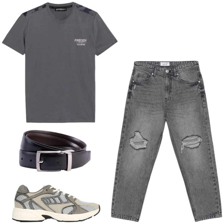 Outfit uomo - Total look #2459909. Stile Casual per Tutti i giorni. Abbinamento con jeans strappati, sneakers, cinture, t-shirt.