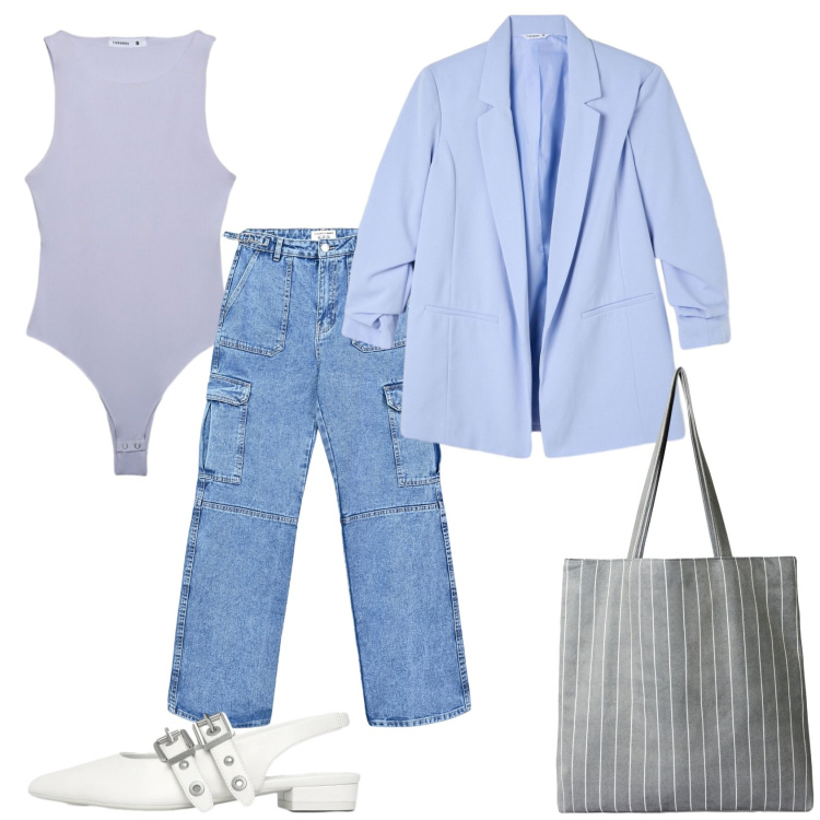 Outfit donna - Total look #2459915. Stile Casual per Tutti i giorni. Abbinamento con top, blazer, shopping bag, ballerine, jeans.