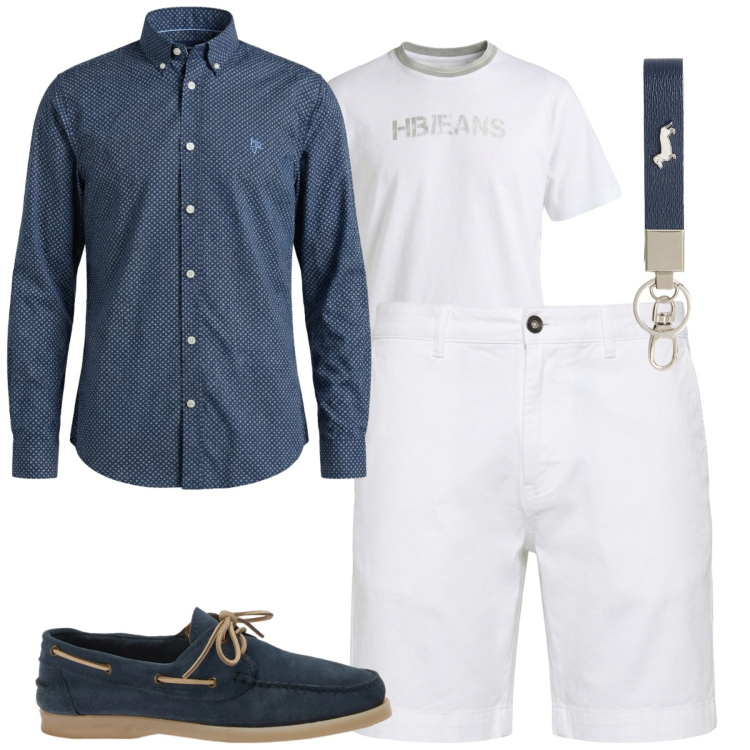 Outfit uomo - Stila da barca. Stile Casual per Mare. Abbinamento con portachiavi, camicie, scarpe stringate, t-shirt, bermuda.