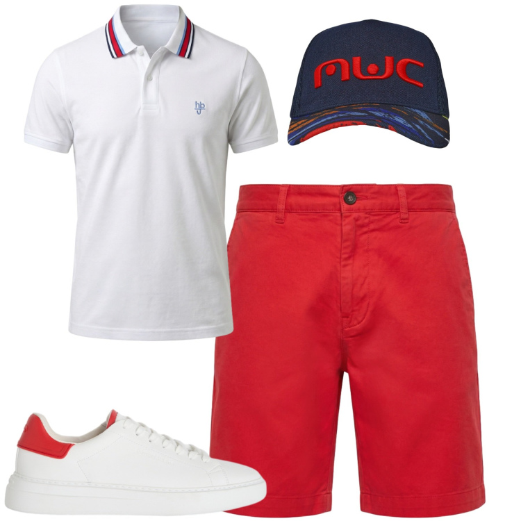 Outfit uomo - Al mare. Stile Casual per Mare. Abbinamento con sneakers, polo, pantaloni corti, cappelli con visiera.