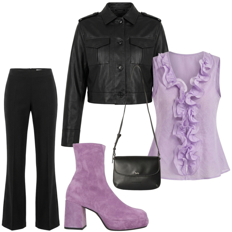 Outfit donna - Volant lilla. Stile Sexy per Serata fuori. Abbinamento con stivaletti, borse a tracolla, camicie a manica corta, pantaloni, bomber.