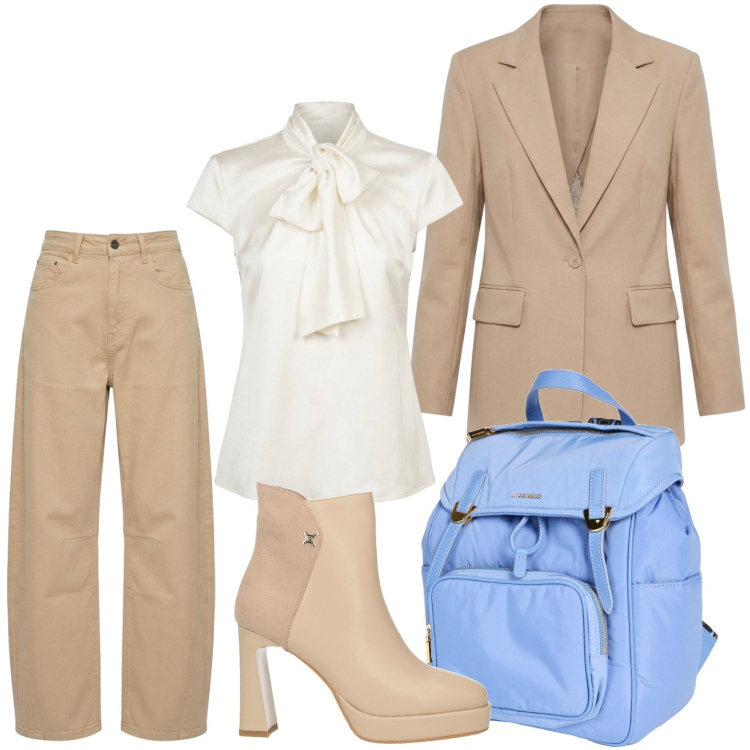 Outfit donna - Stile non convenzionale. Stile Trendy per Ufficio. Abbinamento con stivaletti, zaini, blazer, jeans, camicie.