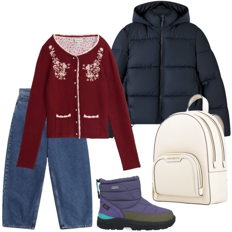 Outfit donna - Cardigan con bottoni decorativi. Stile Casual per Scuola/Università. Abbinamento con stivaletti, zaini, cardigans, bomber, jeans.