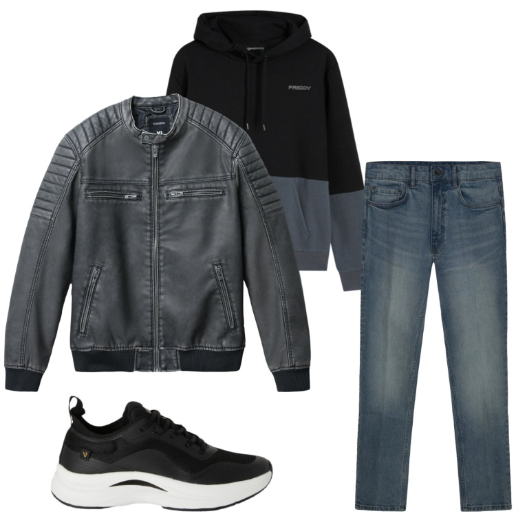 Outfit uomo - Total look #2459954. Stile Casual per Tutti i giorni. Abbinamento con giacche, jeans, sneakers, felpe con cappuccio.