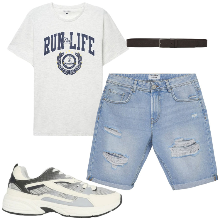 Outfit uomo - Agosto. Stile Casual per Tutti i giorni. Abbinamento con bermuda, sneakers, t-shirt, cinture.