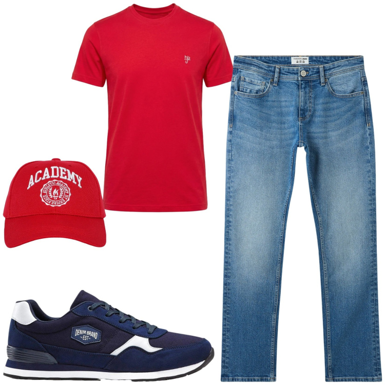 Outfit uomo - Total look #2459957. Stile Casual per Tutti i giorni. Abbinamento con sneakers, t-shirt, jeans, cappelli.