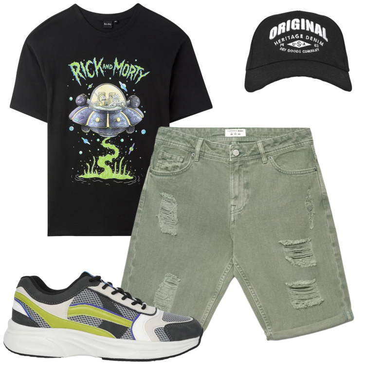 Outfit uomo - Total look #2459958. Stile Casual per Tutti i giorni. Abbinamento con t-shirt, sneakers, cappelli con visiera, bermuda.
