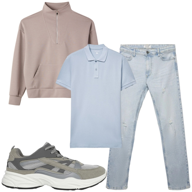 Outfit uomo - Total look #2459960. Stile Casual per Tutti i giorni. Abbinamento con sneakers, jeans strappati, felpe, polo.