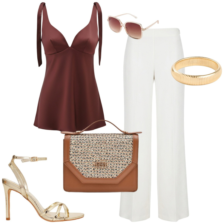 Outfit donna - Cerimonia. Stile Chic per Cerimonia. Abbinamento con braccialetti, occhiali da sole, sandali col tacco, pantaloni a palazzo, top, pochette.