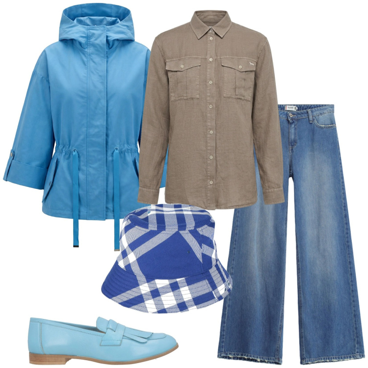 Outfit donna - Total look #2459963. Stile Urban per Tutti i giorni. Abbinamento con cappelli, mocassini, caban, camicie, jeans dritti.