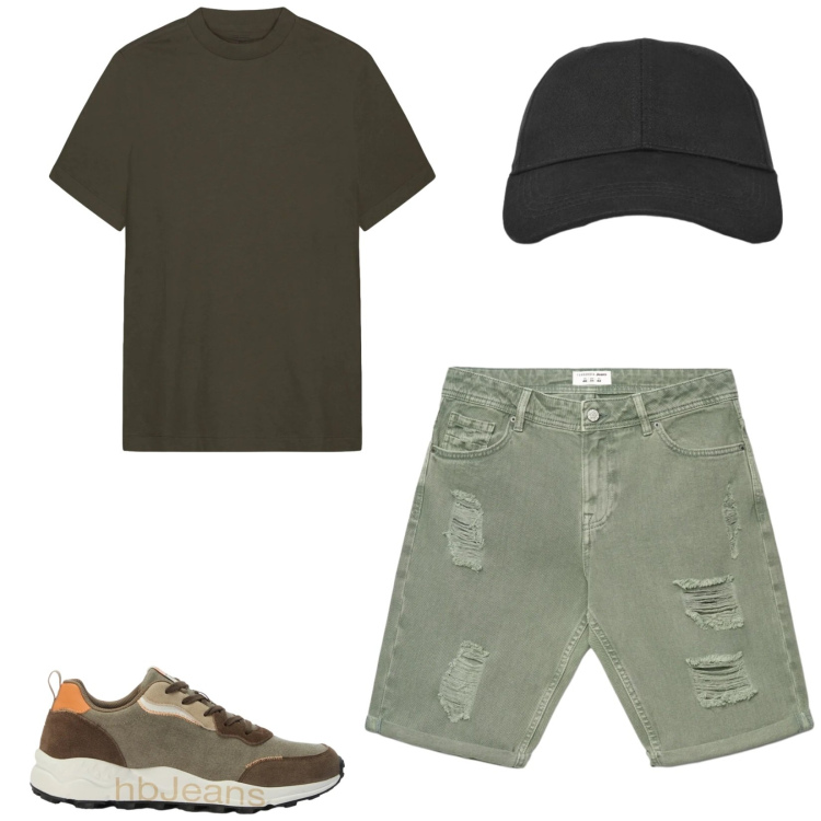 Outfit uomo - Total look #2459965. Stile Casual per Tutti i giorni. Abbinamento con sneakers, cappelli con visiera, bermuda, t-shirt.