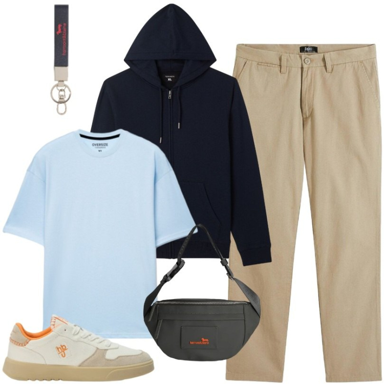 Outfit uomo - Look quotidiani dal carattere giovane. Stile Casual per Tutti i giorni. Abbinamento con pantaloni chino, borse sportive, sneakers, portachiavi, felpe con cappuccio, t-shirt.