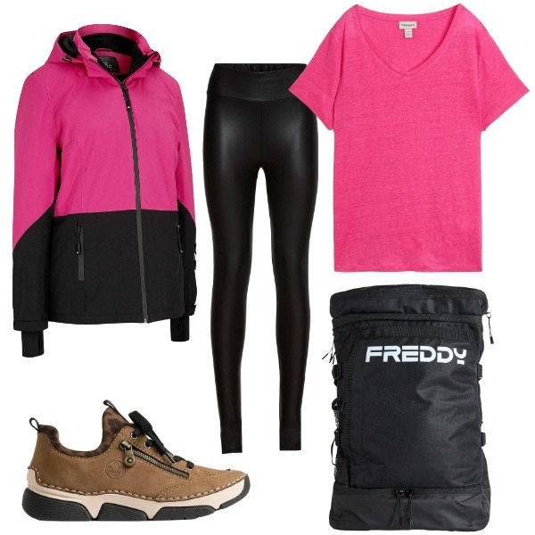 Outfit donna - Notte in bivacco. Stile Sporty chic per Sport. Abbinamento con giacche sportive, treggings, t-shirt, sneakers, zaini.