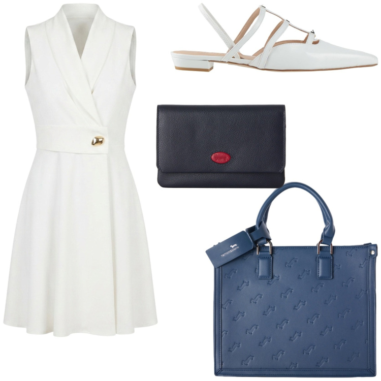 Outfit donna - Workwear. Stile Chic per Ufficio. Abbinamento con ballerine, borse a mano, portafogli, vestiti asimmetrici.