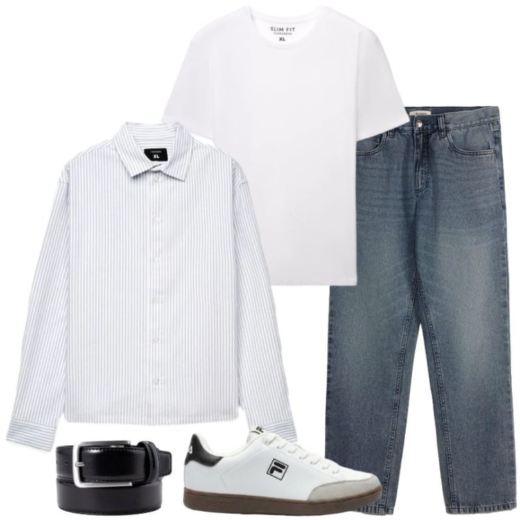 Outfit uomo - Camicia da indossare sopra una T-shirt. Stile Casual per Tutti i giorni. Abbinamento con sneakers, jeans dritti, t-shirt, camicie, cinture.